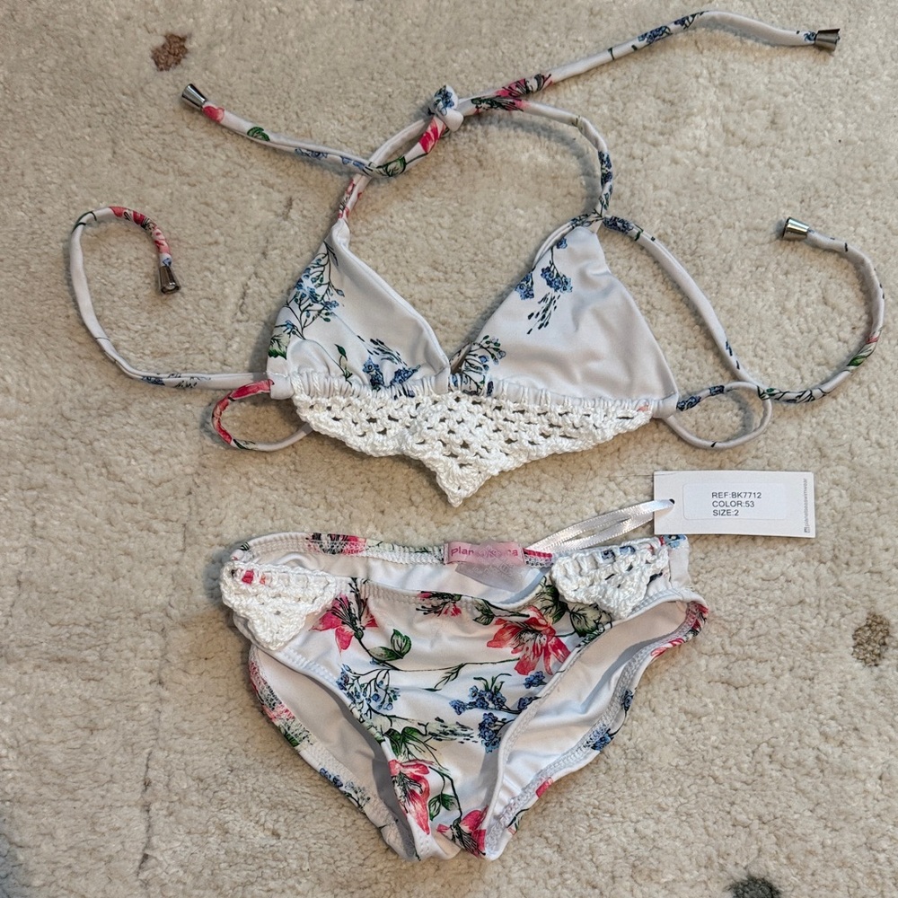 Girls Floral Crochet Trim Bikini Set - White with Pink & Blue Flowers